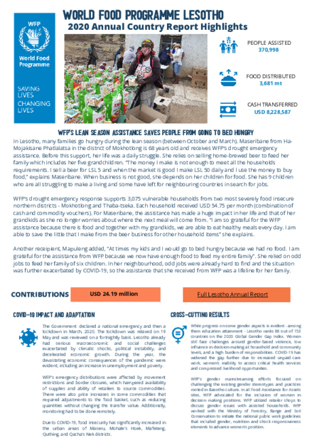 World Food Programme Lesotho 2020 Annual Country Report Highlights ...