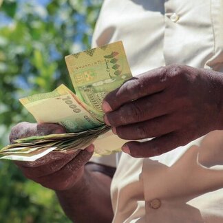 Close-up of hands holding bank notes.