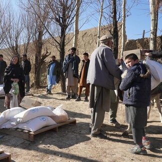 A group of people in a rural area with bare trees and a mud wall in the background. Several are standing, while others are distributing white sacks with WFP labelling. Some sacks are on wooden pallets on the ground.