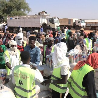 Sudanese refugees collect in-kind food at a WFP distribution site in Adre.